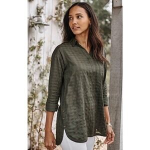 J Jill Cotton Textured Shirttail Tunic Large Side Button Olive Green Minimalist